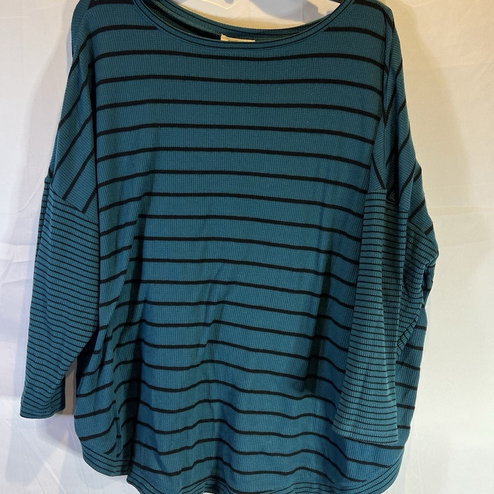 Westbound Womens 3XL Green and Black Striped 3/4 Sleeve Knit Top Buttons On Side